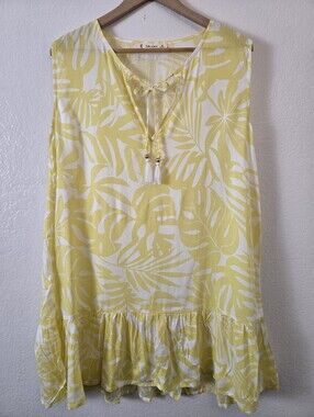 Salty Lemon Yellow & White Palm Leaf Print Sleeveless Mini Dress